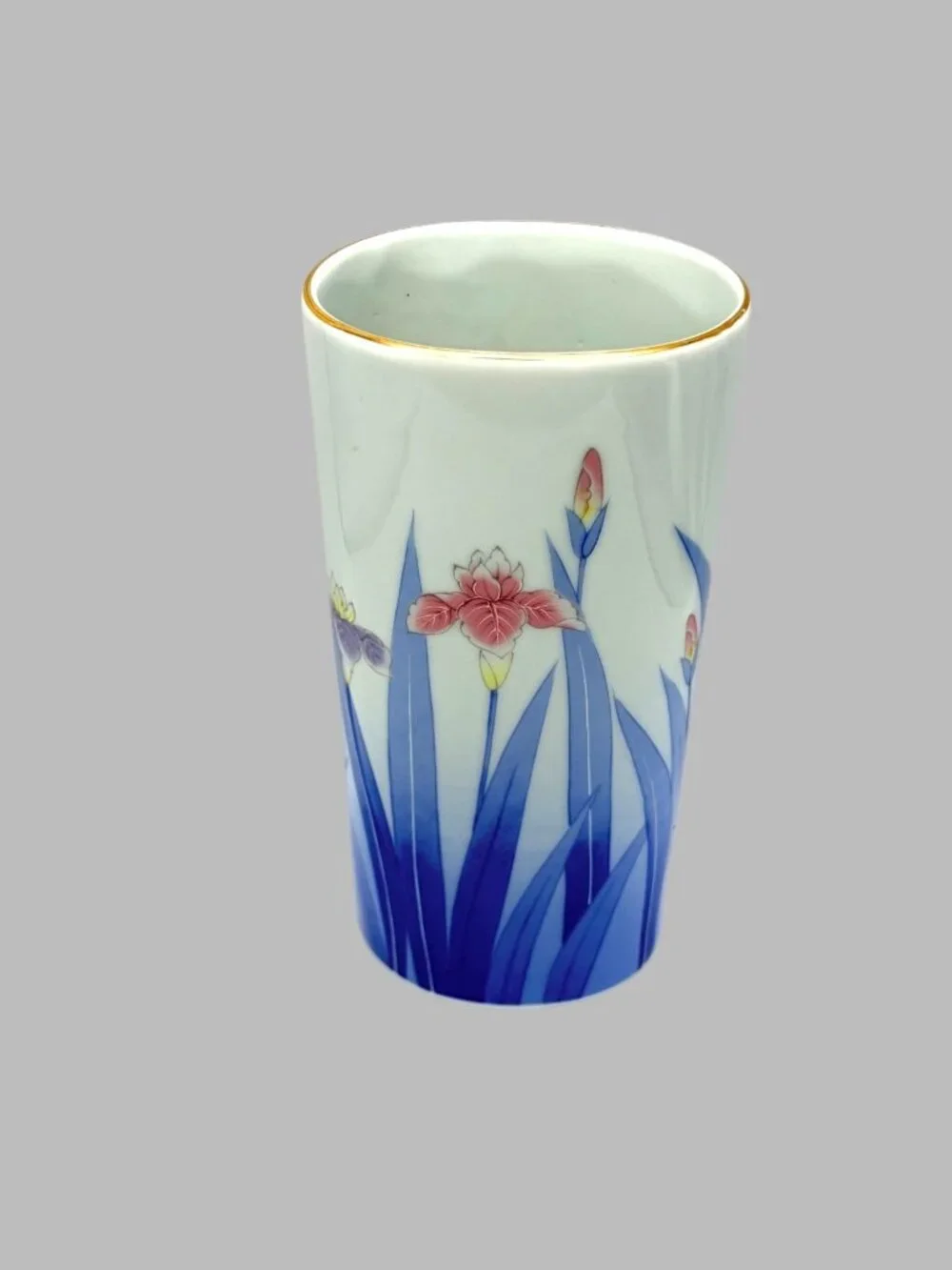 Vintage Japanese Porcelain Iris Floral Vase Blue White Gold Rim 8.5